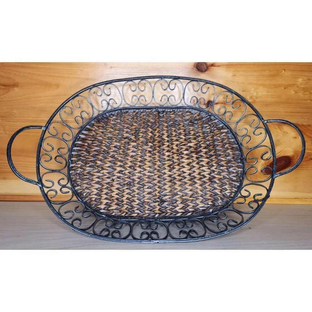 Metal and Wicker Serving Tray with Handles Distressed Farmhouse Decor Basket